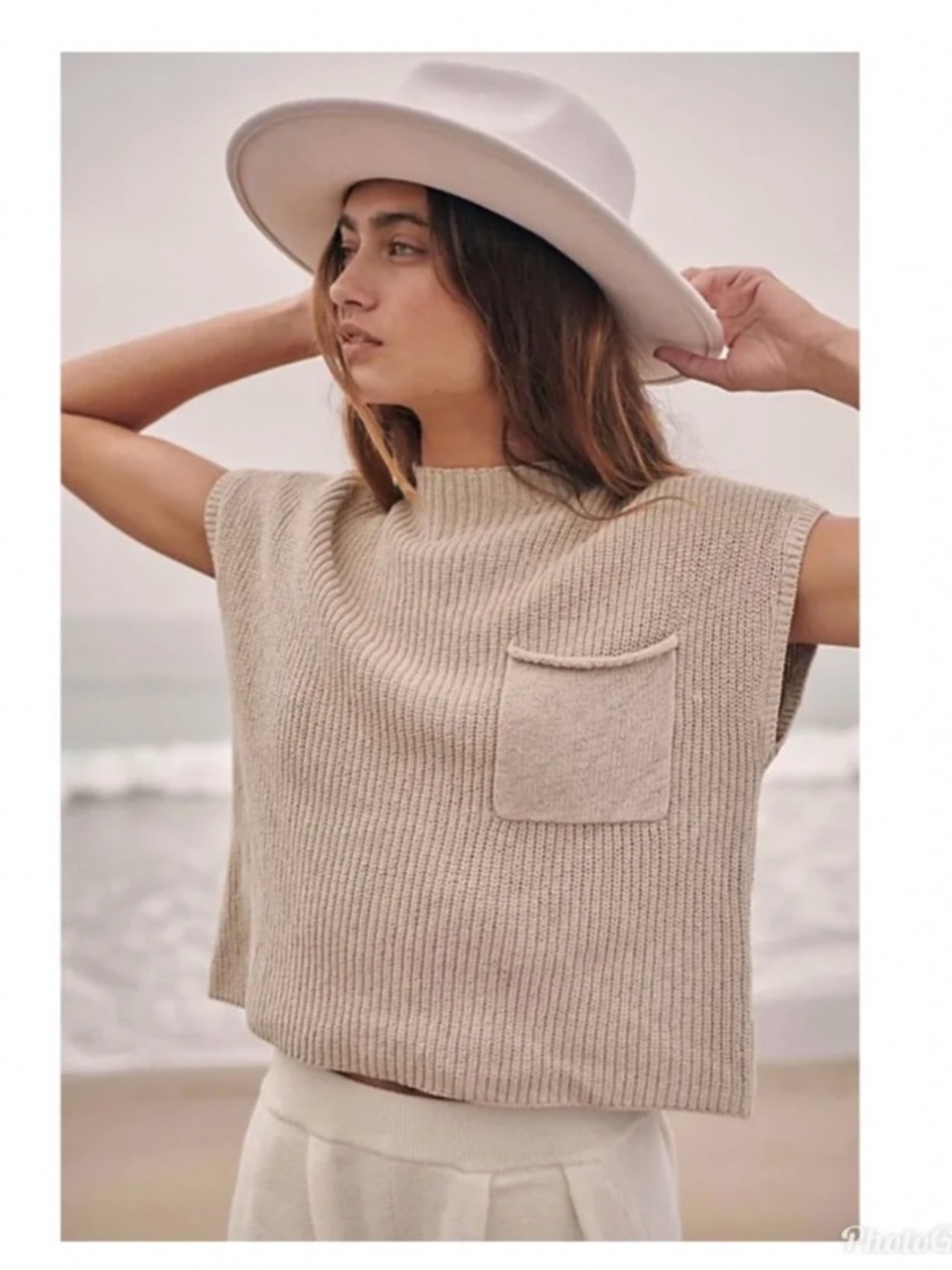 Free People Beach Women’s Med Freya Sleeveless Ribbed Knit Top Oatmeal